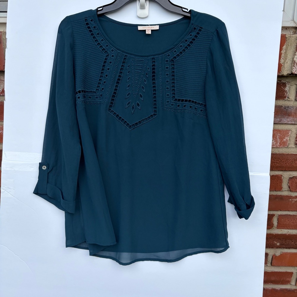 Skies Are‎ Blue Teal Green Embroidered Eyelet Roll Tab Sleeve Blouse Top 36317 M